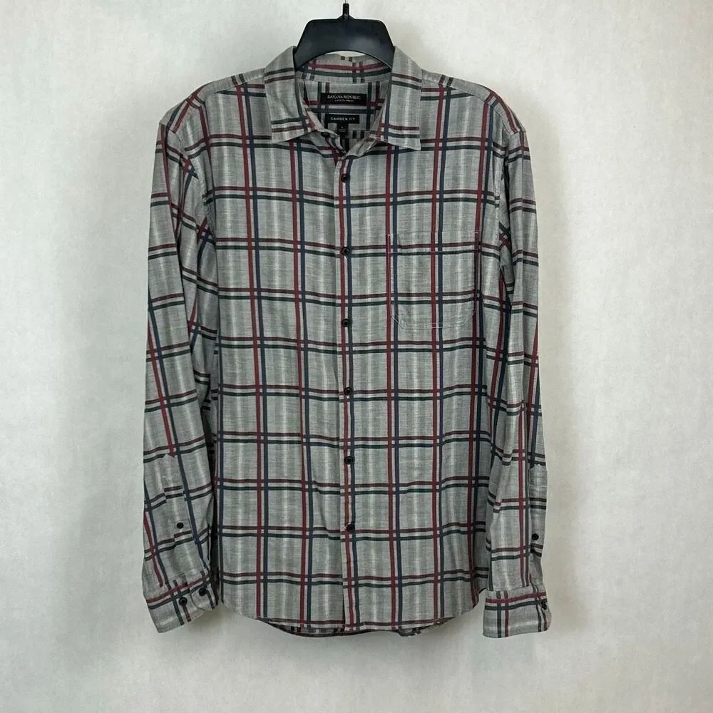 Banana Republic Luxe Flannel Button Down Shirt Camden Fit Sz Large Gray Plaid
